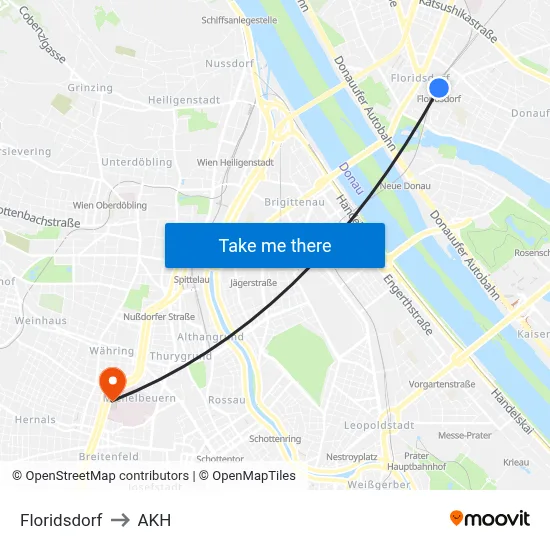Floridsdorf to AKH map