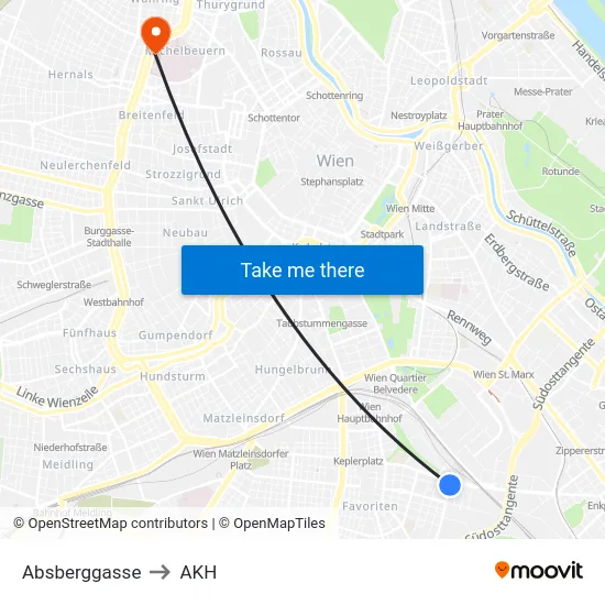 Absberggasse to AKH map