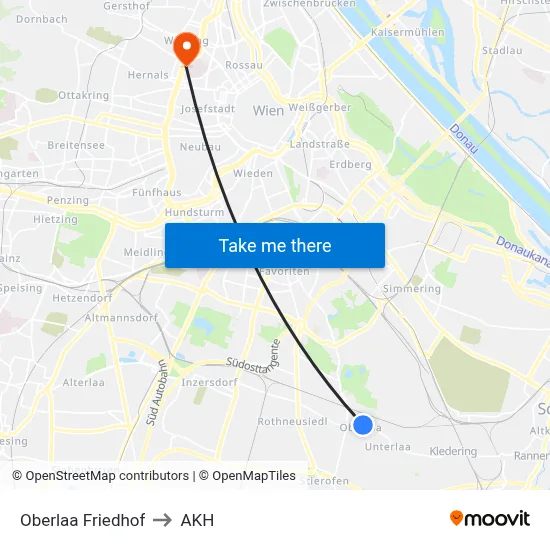 Oberlaa Friedhof to AKH map