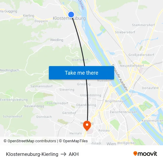 Klosterneuburg-Kierling to AKH map