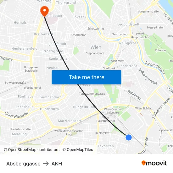 Absberggasse to AKH map