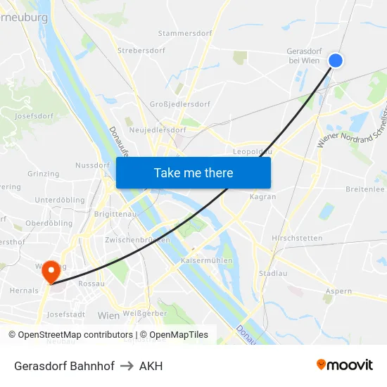 Gerasdorf Bahnhof to AKH map