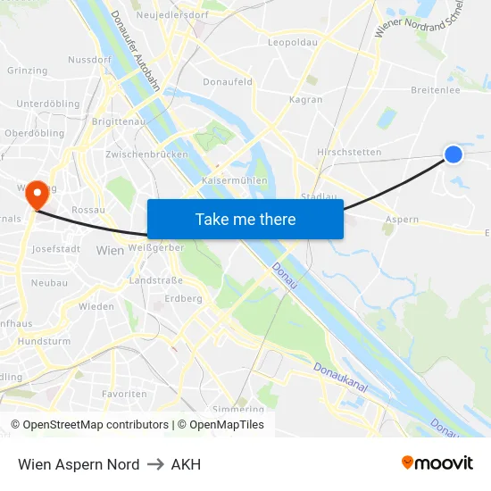 Wien Aspern Nord to AKH map
