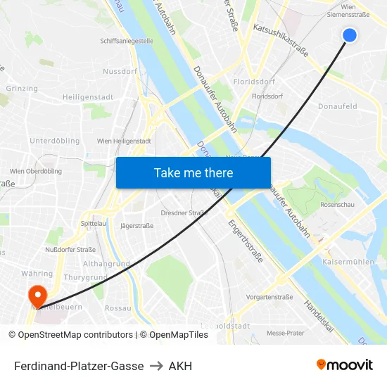 Ferdinand-Platzer-Gasse to AKH map