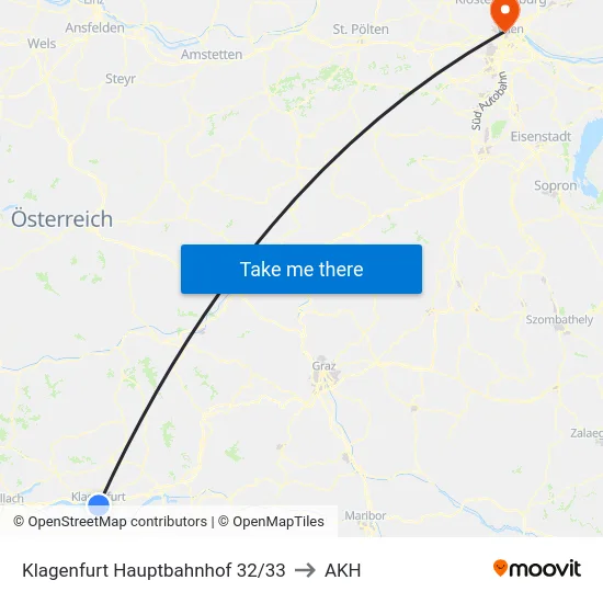Klagenfurt Hauptbahnhof 32/33 to AKH map
