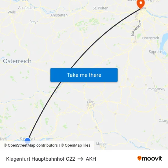 Klagenfurt Hauptbahnhof C22 to AKH map