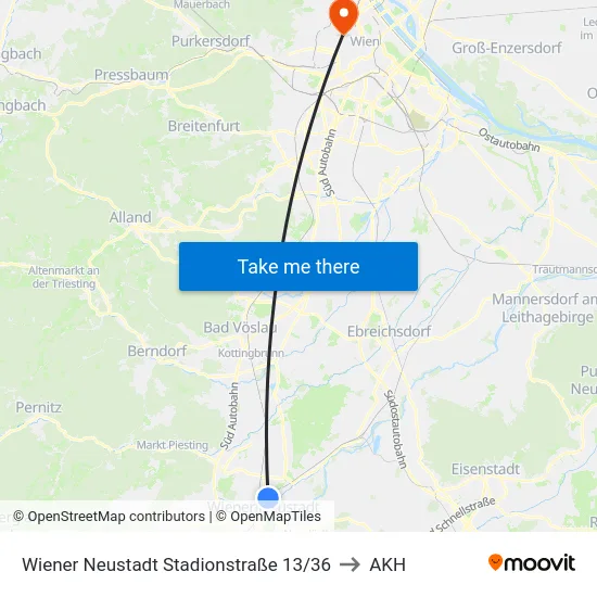 Wiener Neustadt Stadionstraße 13/36 to AKH map