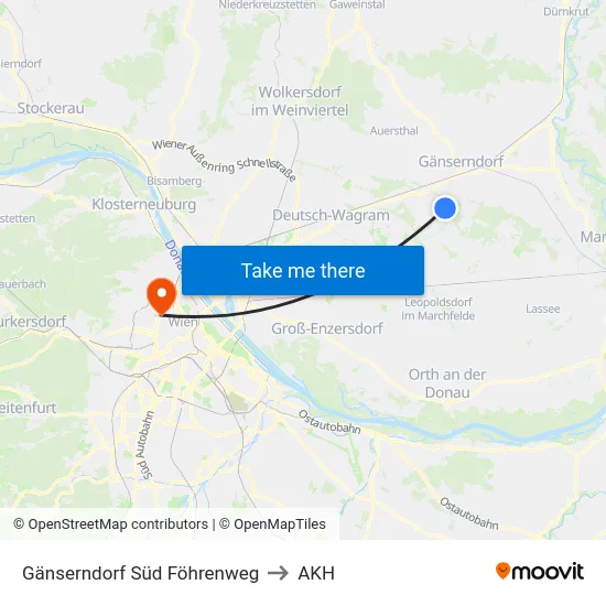 Gänserndorf Süd Föhrenweg to AKH map