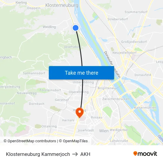 Klosterneuburg Kammerjoch to AKH map
