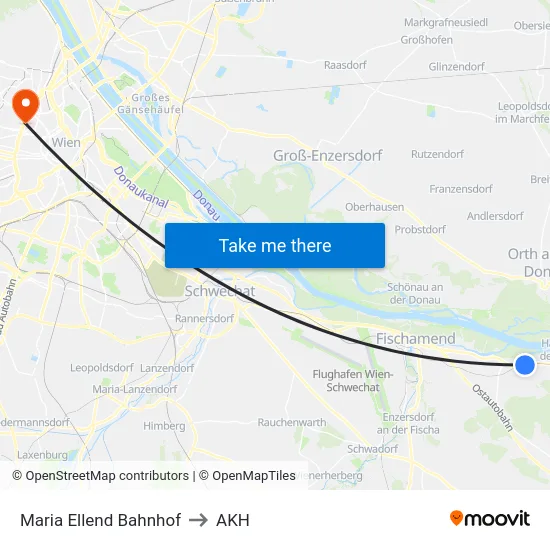 Maria Ellend Bahnhof to AKH map
