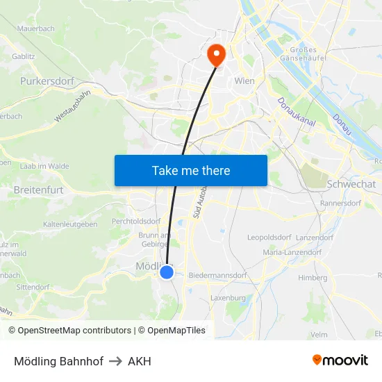 Mödling Bahnhof to AKH map