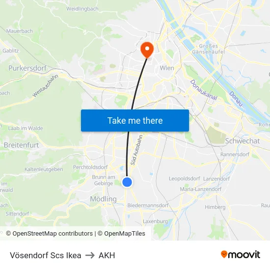 Vösendorf Scs Ikea to AKH map