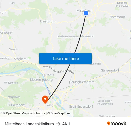 Mistelbach Landesklinikum to AKH map