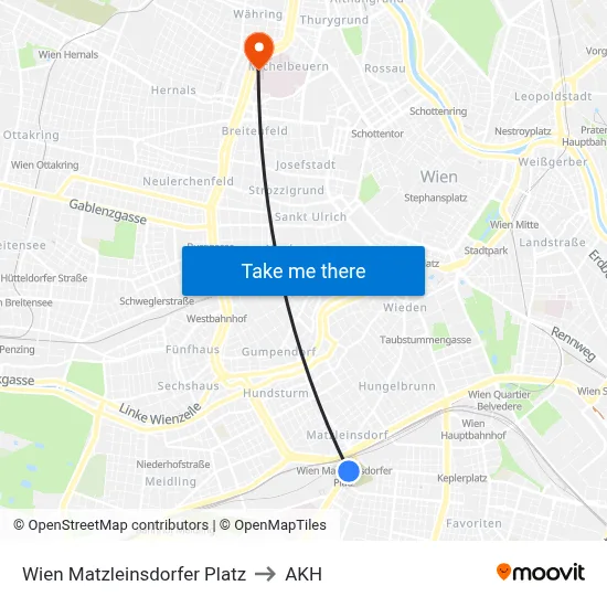 Wien Matzleinsdorfer Platz to AKH map