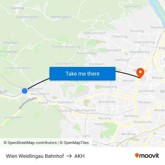 Wien Weidlingau Bahnhof to AKH map