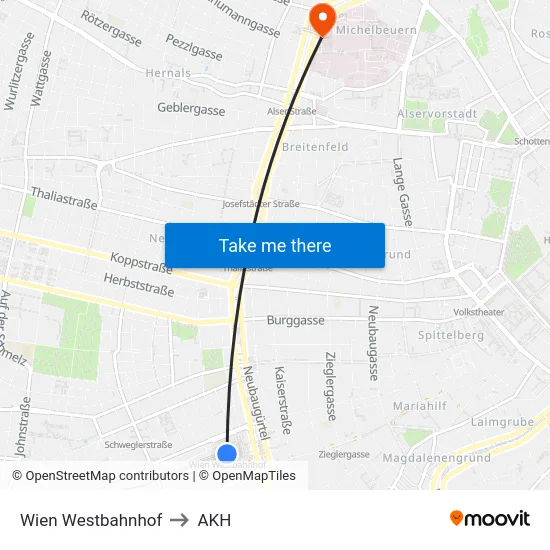 Wien Westbahnhof to AKH map