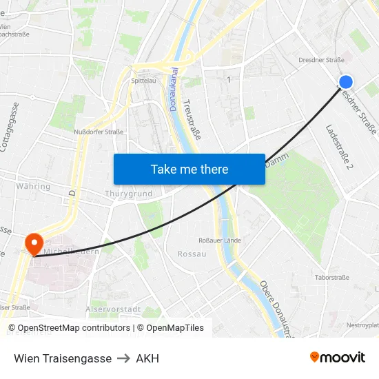 Wien Traisengasse to AKH map