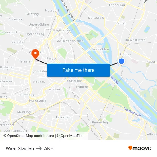 Wien Stadlau to AKH map