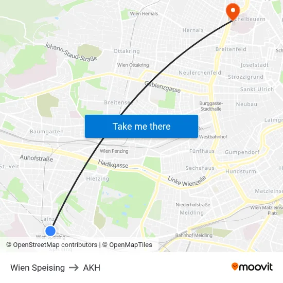 Wien Speising to AKH map