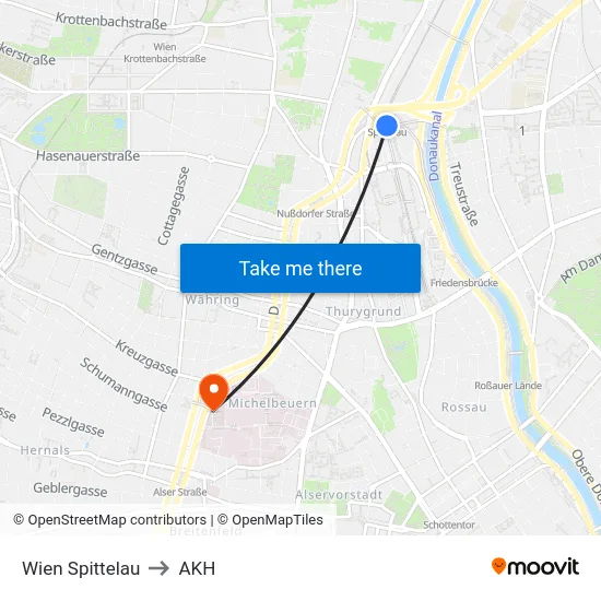 Wien Spittelau to AKH map