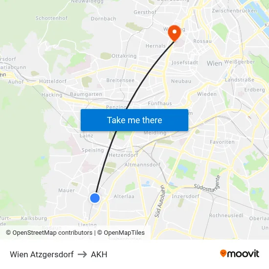 Wien Atzgersdorf to AKH map