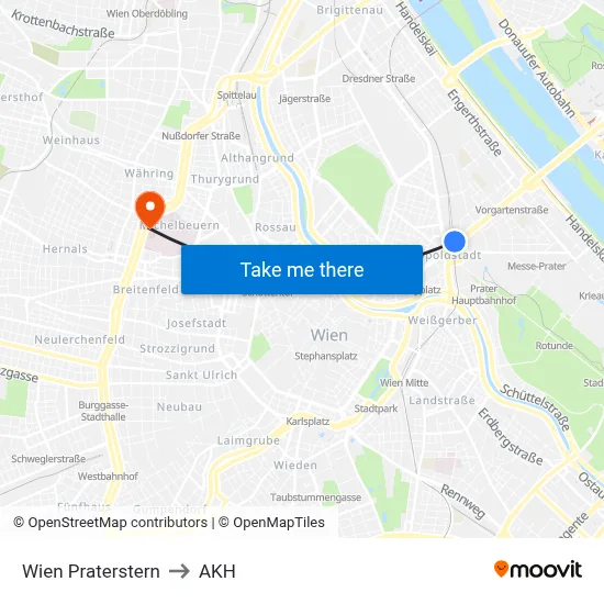 Wien Praterstern to AKH map