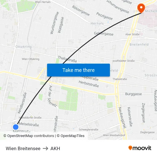 Wien Breitensee to AKH map