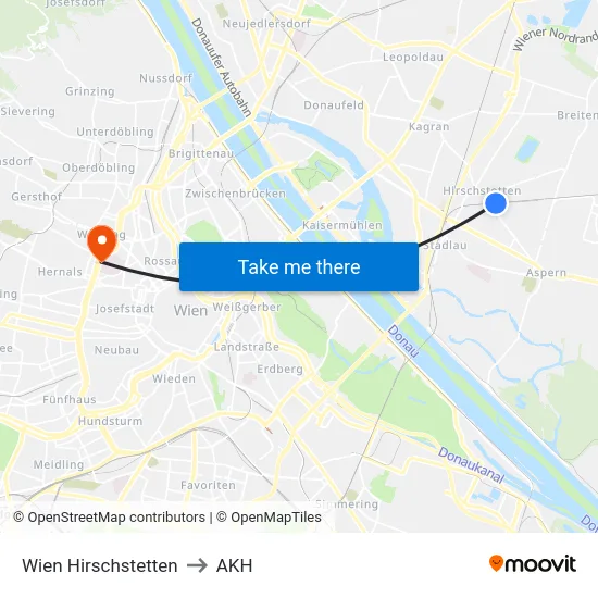 Wien Hirschstetten to AKH map