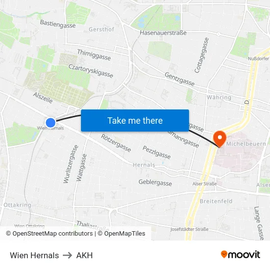 Wien Hernals to AKH map