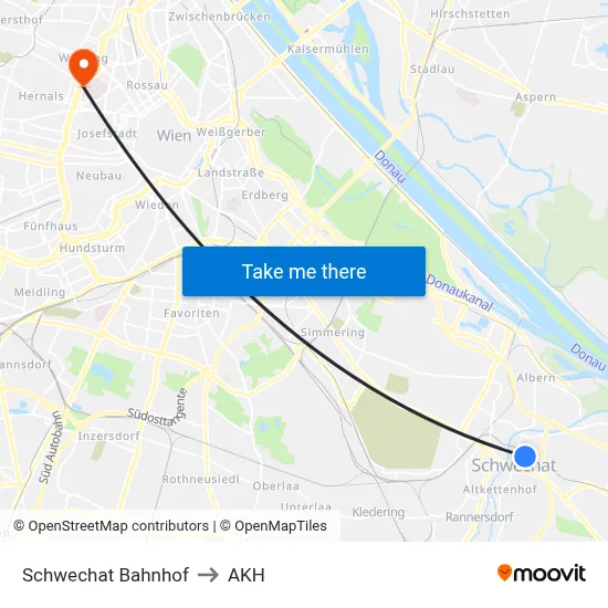 Schwechat Bahnhof to AKH map