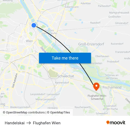 Handelskai to Flughafen Wien map