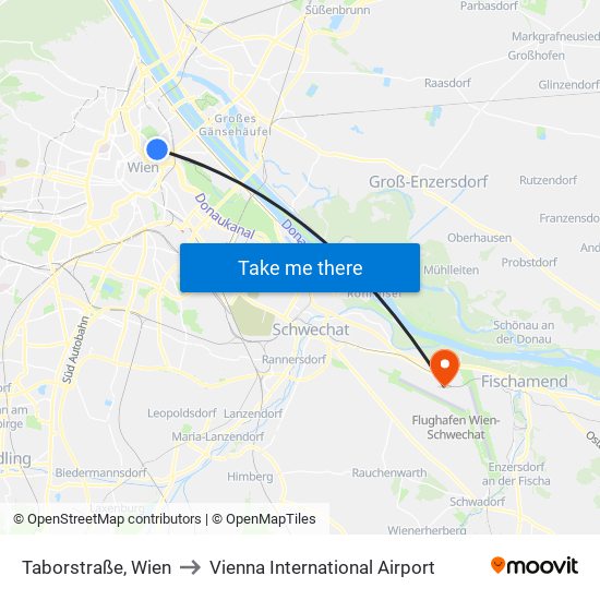 Taborstraße, Wien to Vienna International Airport map