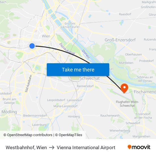 Westbahnhof, Wien to Vienna International Airport map