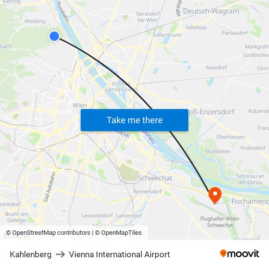 Kahlenberg to Vienna International Airport map