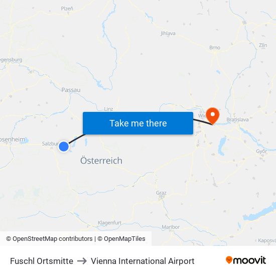 Fuschl Ortsmitte to Vienna International Airport map