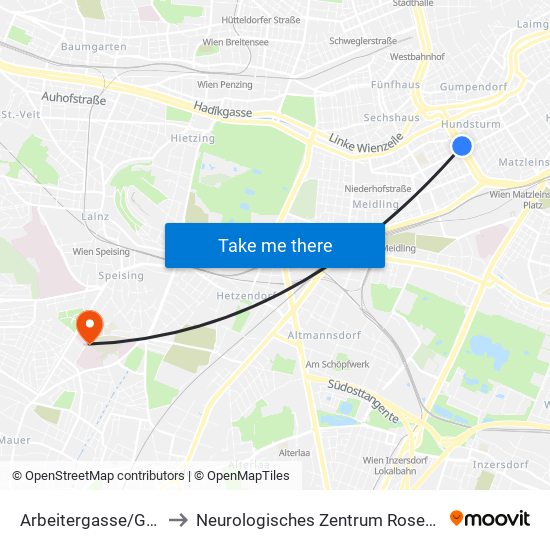 Arbeitergasse/Gürtel to Neurologisches Zentrum Rosenhügel map
