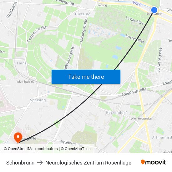 Schönbrunn to Neurologisches Zentrum Rosenhügel map