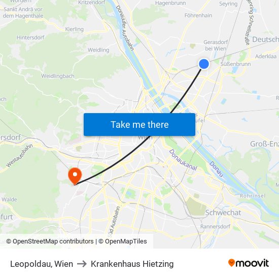 Leopoldau, Wien to Krankenhaus Hietzing map