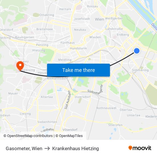 Gasometer, Wien to Krankenhaus Hietzing map