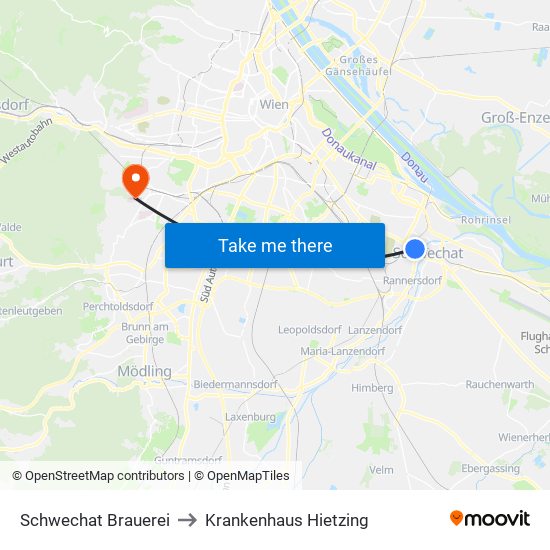 Schwechat Brauerei to Krankenhaus Hietzing map