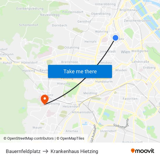 Bauernfeldplatz to Krankenhaus Hietzing map