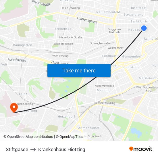 Stiftgasse to Krankenhaus Hietzing map