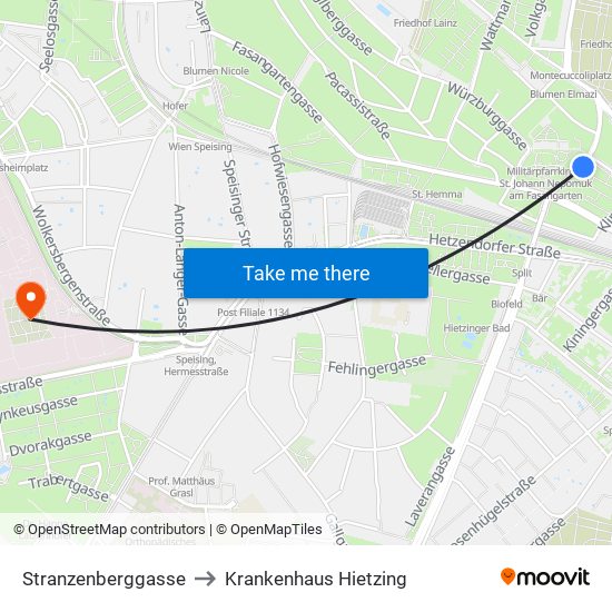 Stranzenberggasse to Krankenhaus Hietzing map