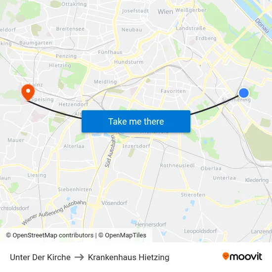Unter Der Kirche to Krankenhaus Hietzing map