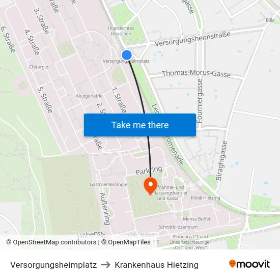 Versorgungsheimplatz to Krankenhaus Hietzing map