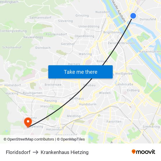 Floridsdorf to Krankenhaus Hietzing map