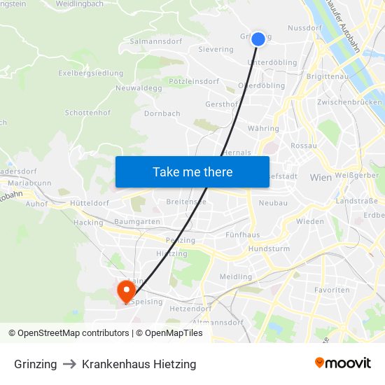 Grinzing to Krankenhaus Hietzing map