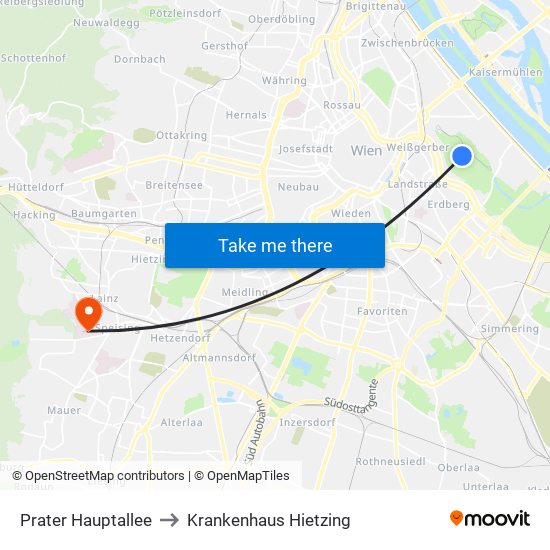 Prater Hauptallee to Krankenhaus Hietzing map