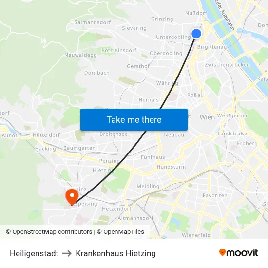 Heiligenstadt to Krankenhaus Hietzing map