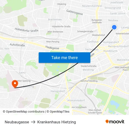 Neubaugasse to Krankenhaus Hietzing map